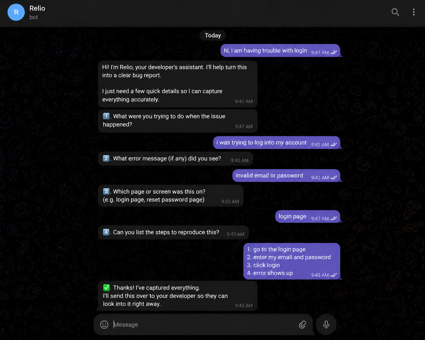 Telegram bot conversation guiding a client through a bug report